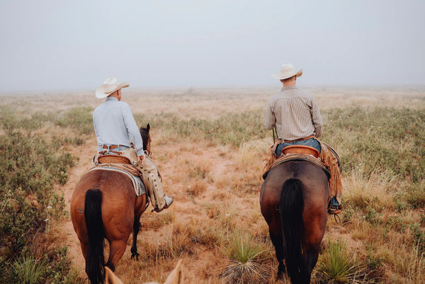 Two people riding horses in a desert landscape